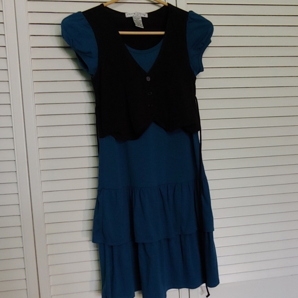 Blue dress with attached black jacket